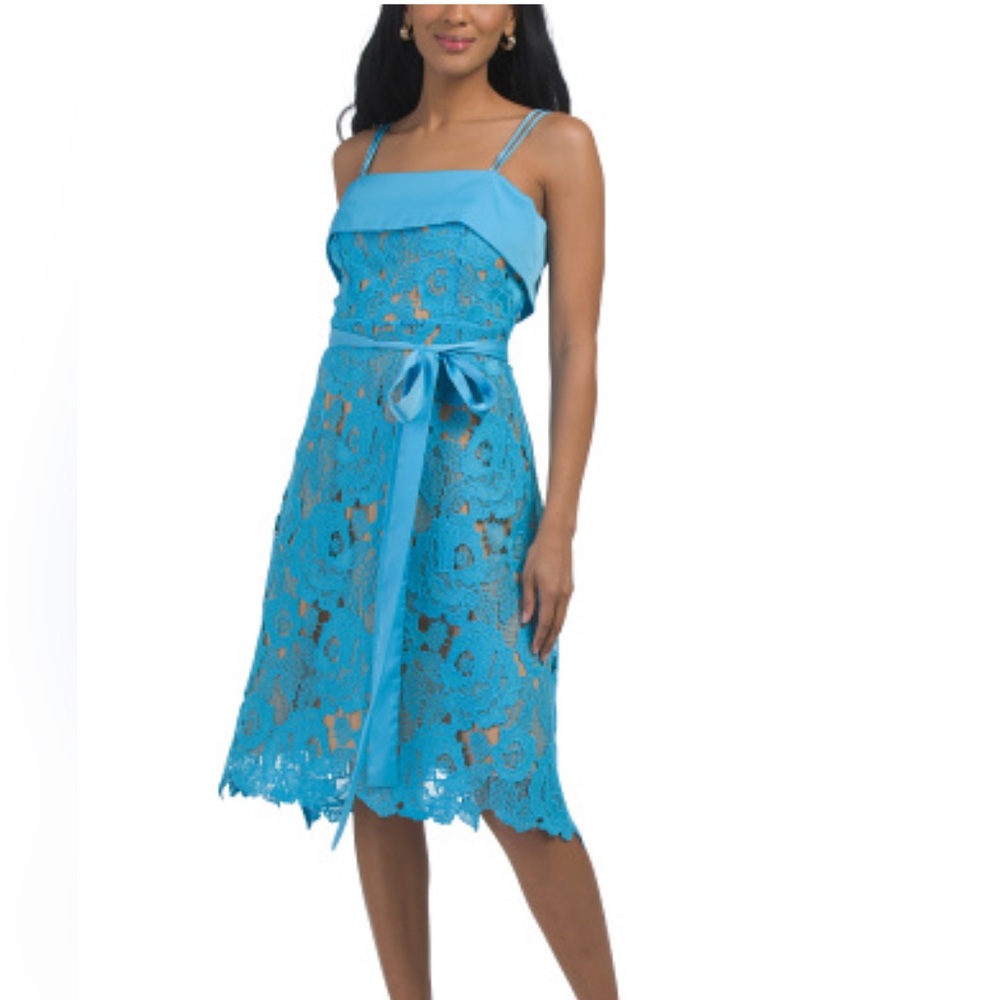 Dalia Macphee Elegant Strapless Lace Dress in Blue